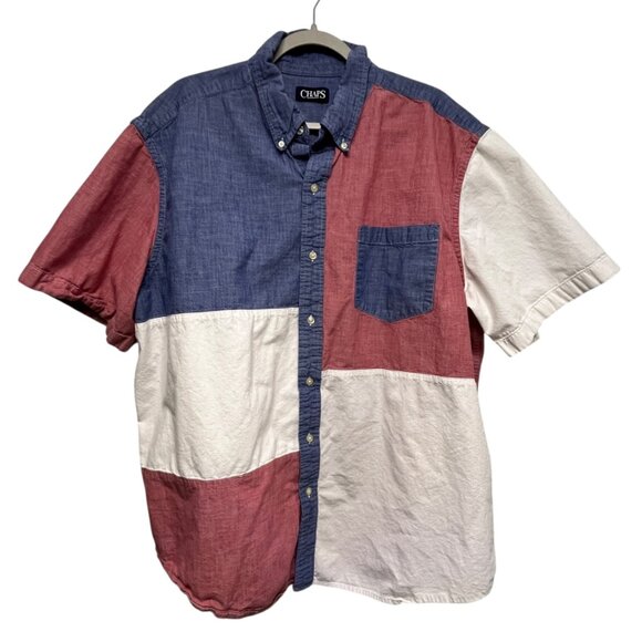 CHAPS Men's Colorblock Short Sleeve Button Down Shirt 2XL Red White Blue - Picture 1 of 8